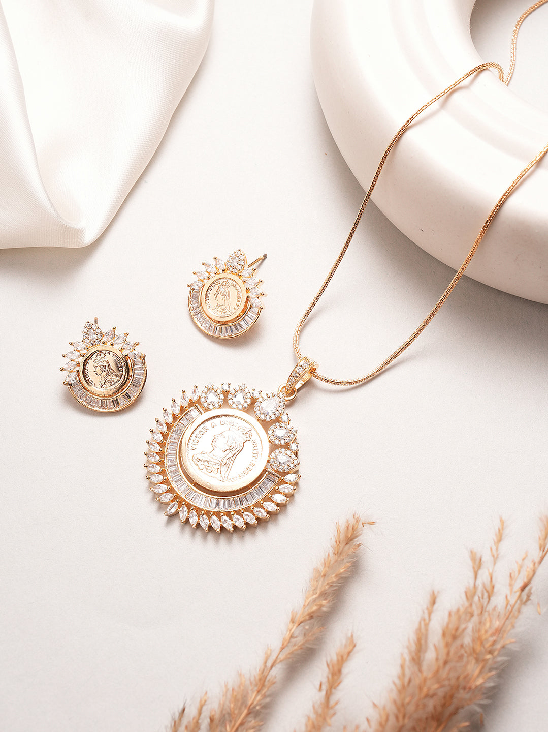 Rose gold plated AD round coin halo pendant set