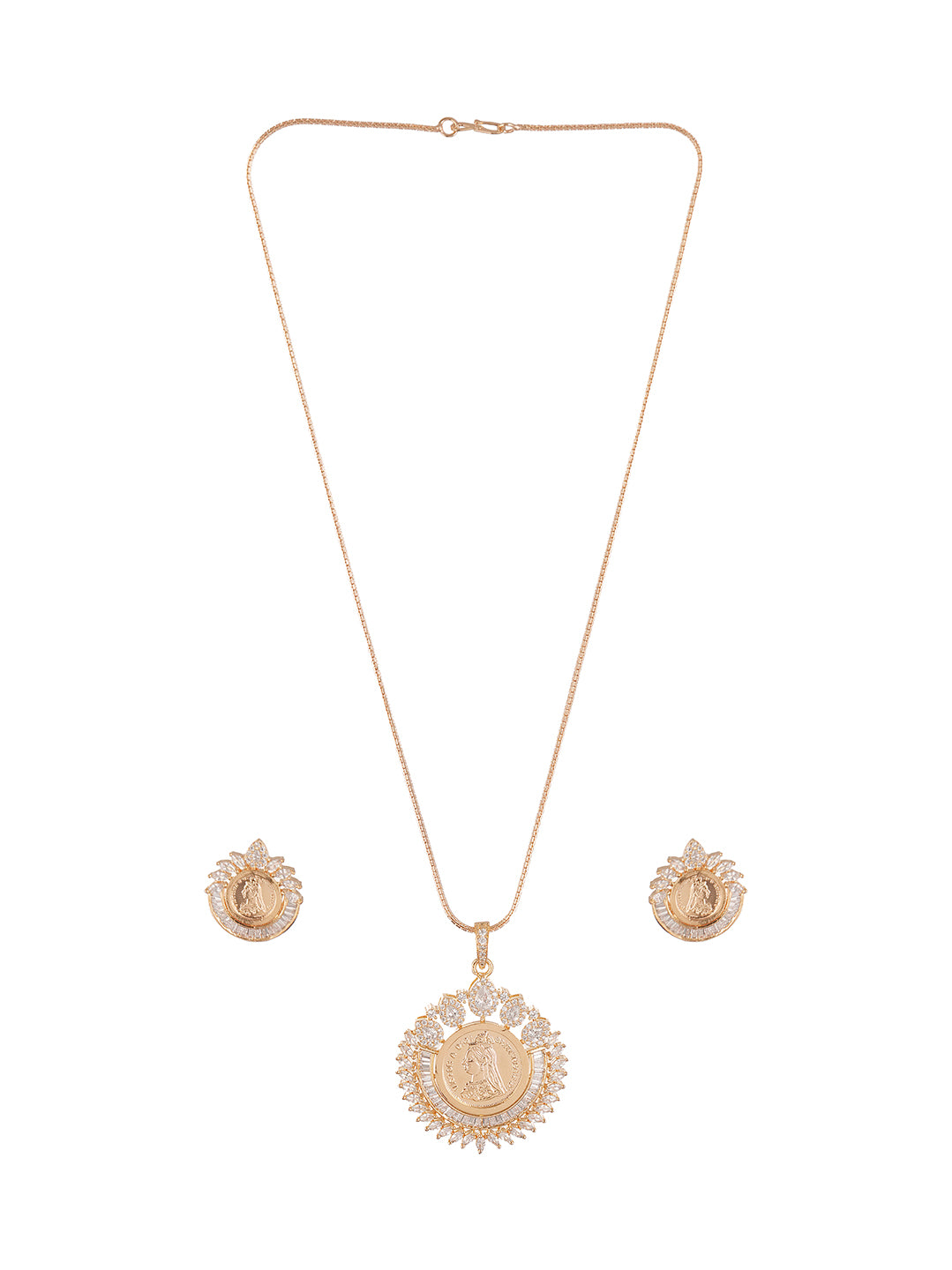 Rose Gold Plated White AD Round Coin Halo Pendant Jewellery Set