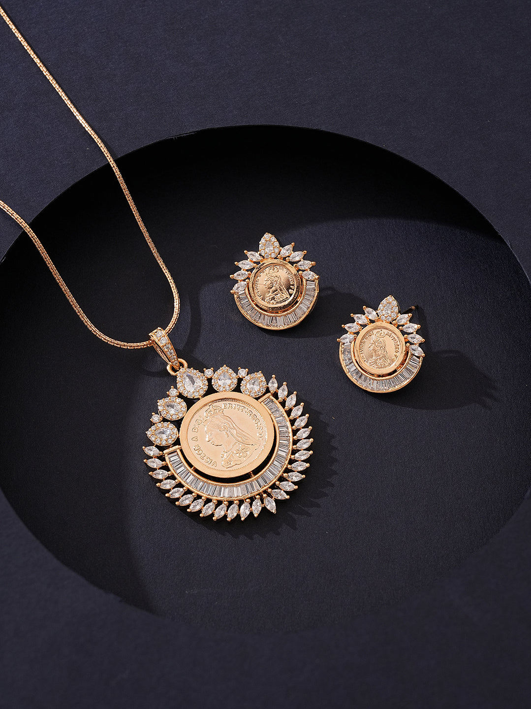 Rose Gold Plated White AD Round Coin Halo Pendant Jewellery Set