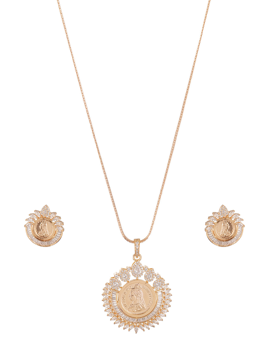 Rose Gold Plated White AD Round Coin Halo Pendant Jewellery Set
