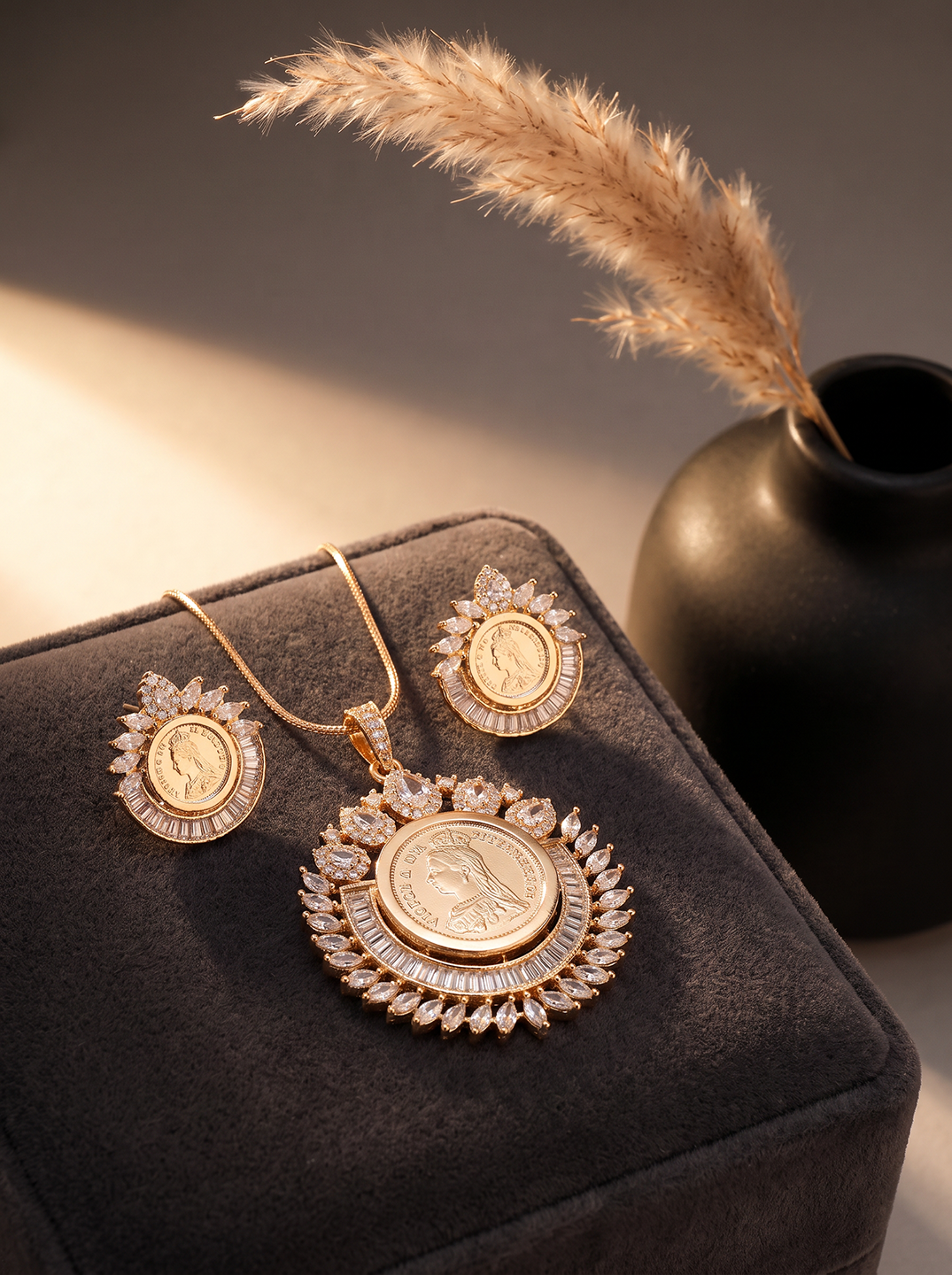 Rose Gold Plated White AD Round Coin Halo Pendant Jewellery Set