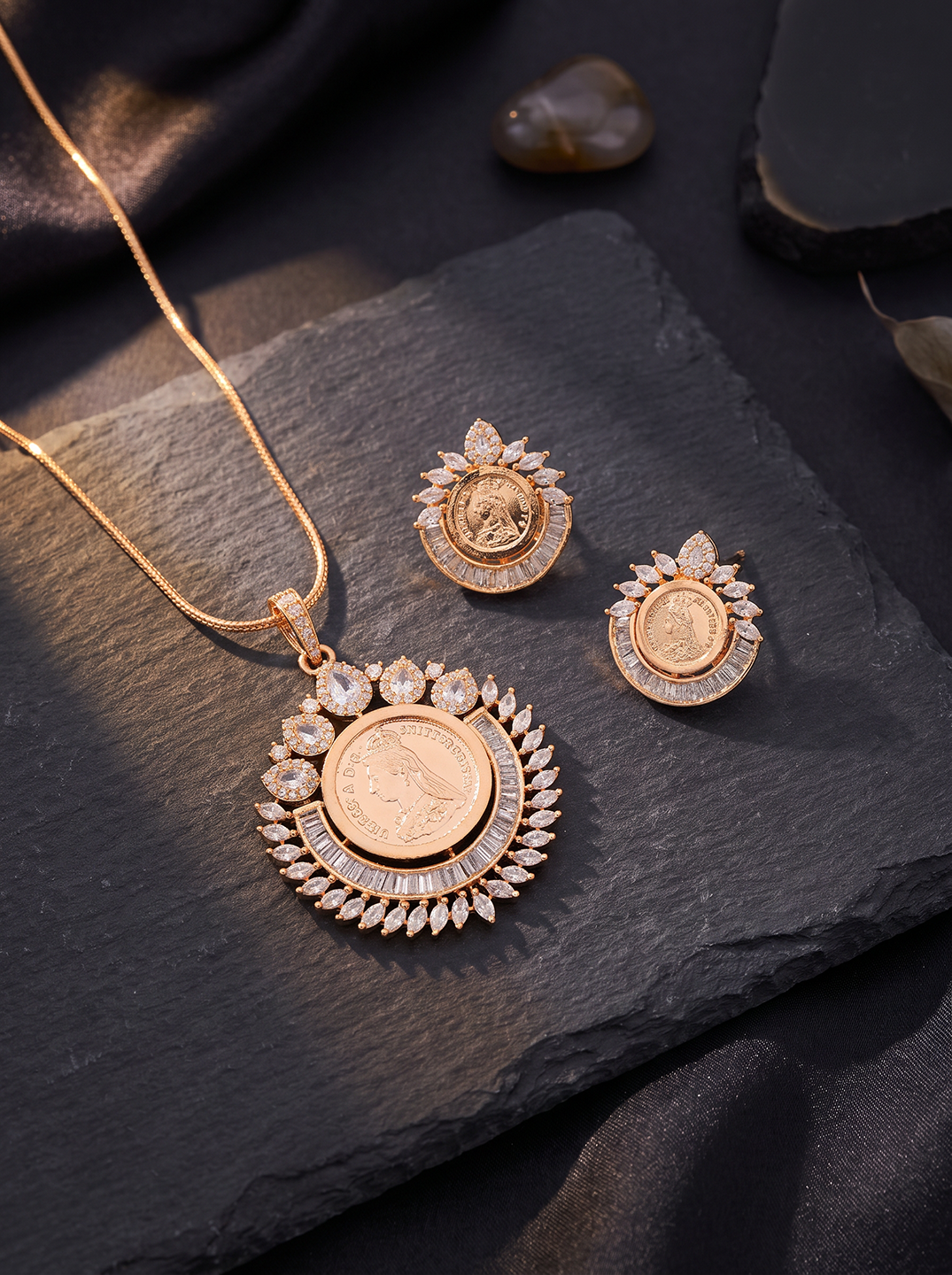 Rose Gold Plated White AD Round Coin Halo Pendant Jewellery Set