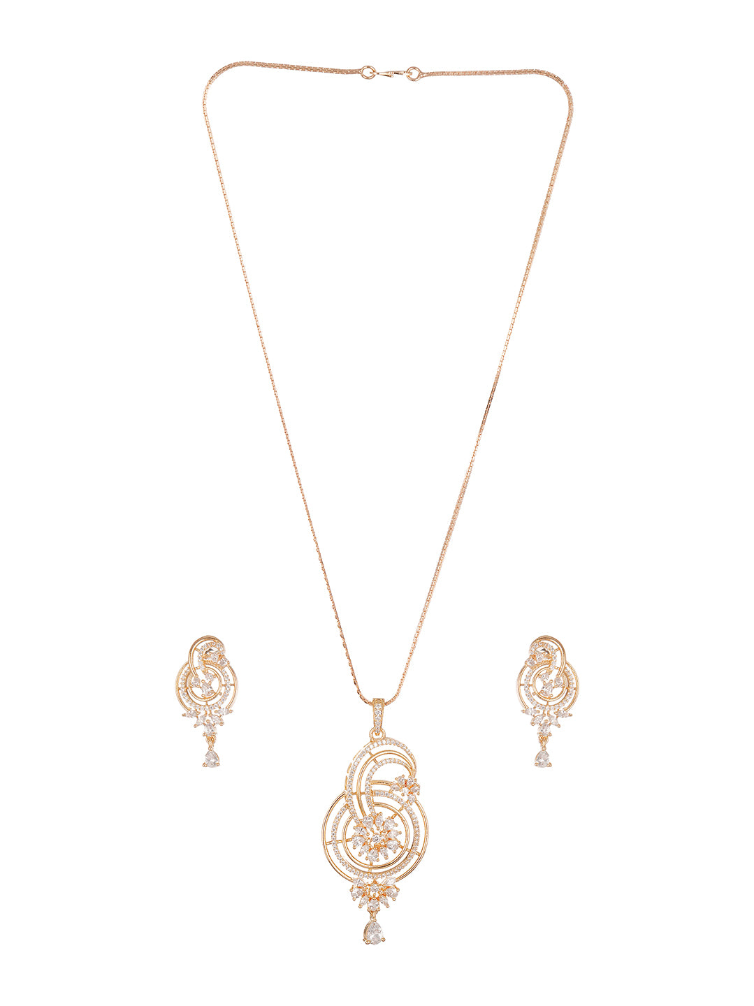 Rose Gold Plated White AD Swirl Paisley Drop Pendant Jewellery Set