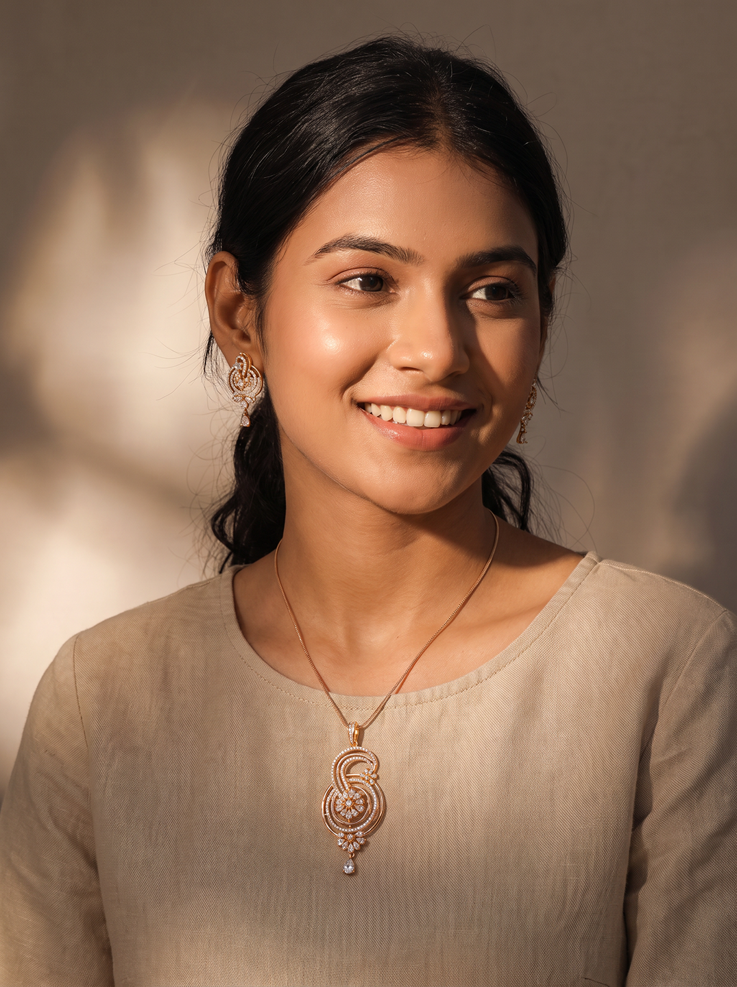 Rose Gold Plated White AD Swirl Paisley Drop Pendant Jewellery Set