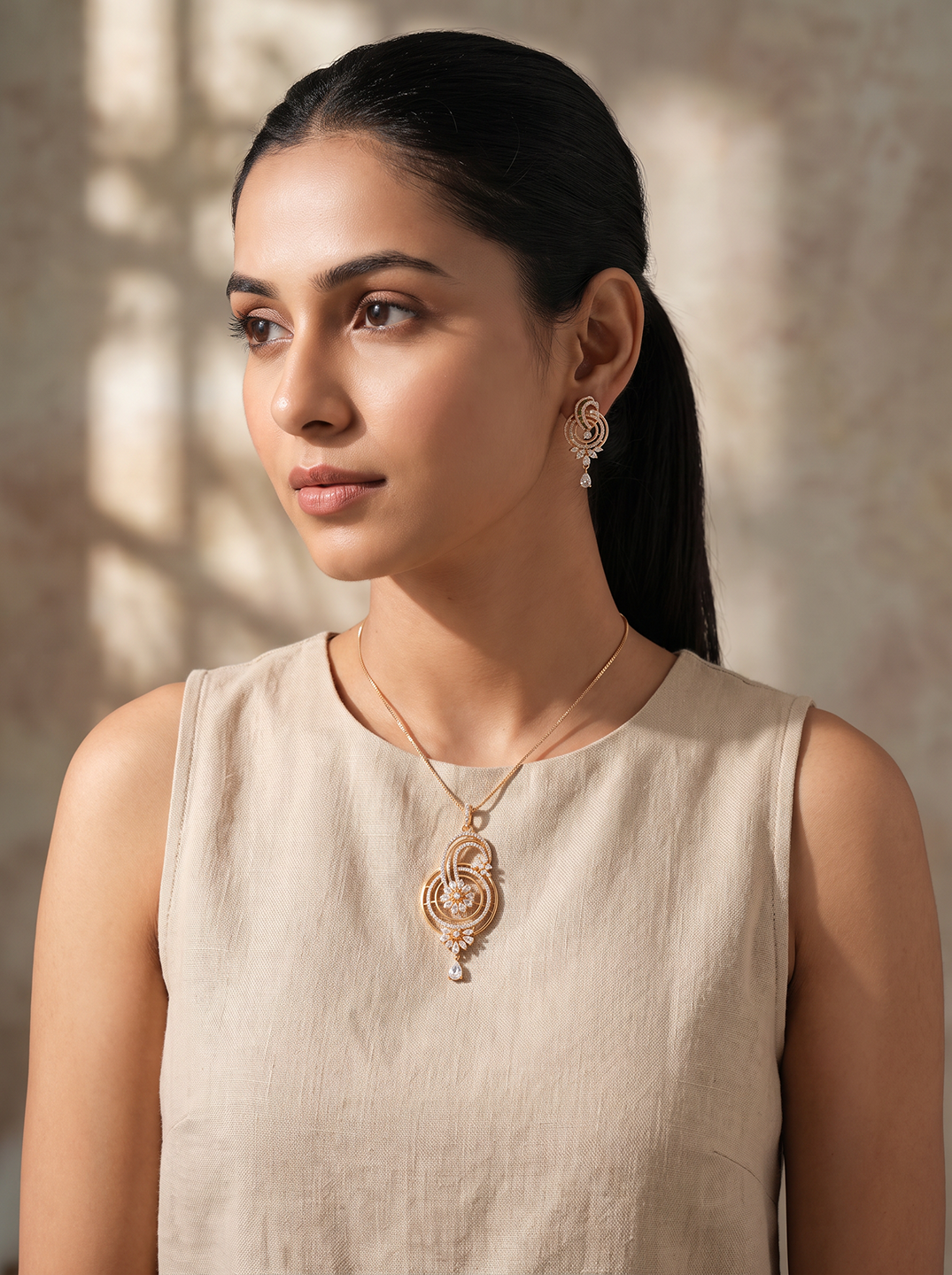 Rose Gold Plated White AD Swirl Paisley Drop Pendant Jewellery Set