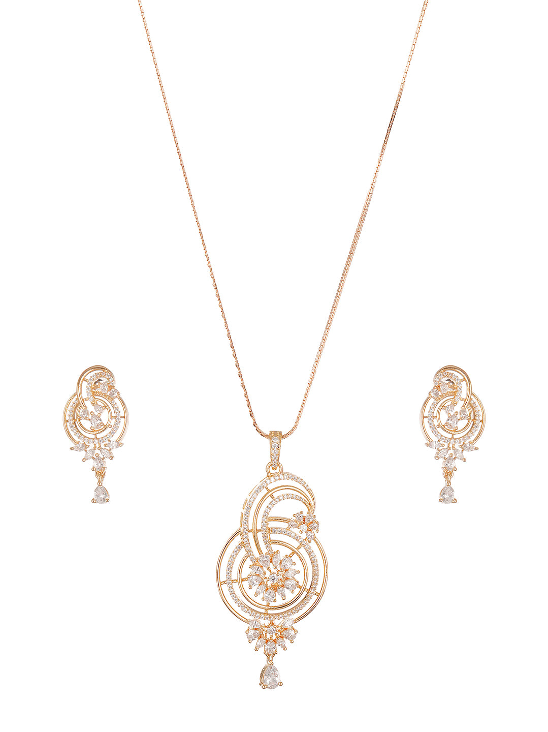 Rose Gold Plated White AD Swirl Paisley Drop Pendant Jewellery Set