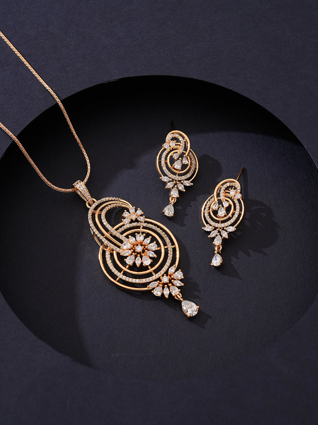 Rose Gold Plated White AD Swirl Paisley Drop Pendant Jewellery Set