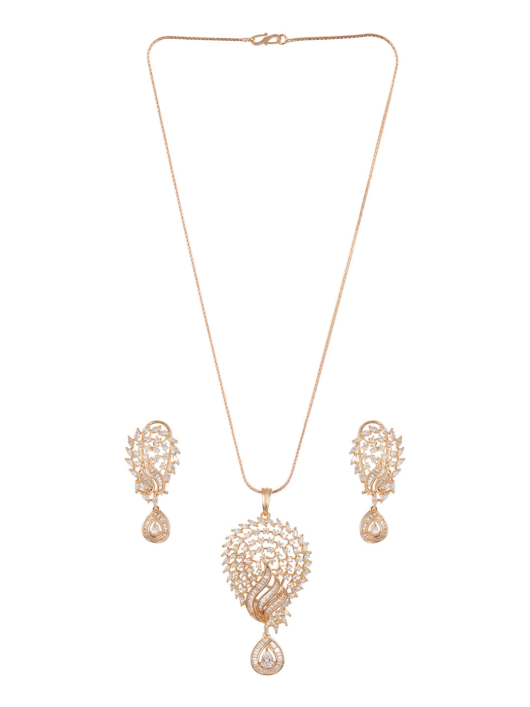 Rose Gold Plated White AD Peacock Feather Pendant Jewellery Set