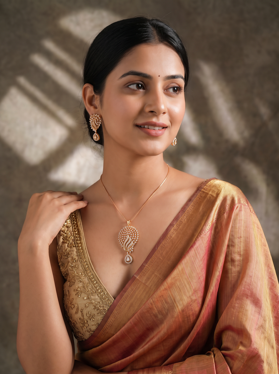 Rose Gold Plated White AD Peacock Feather Pendant Jewellery Set