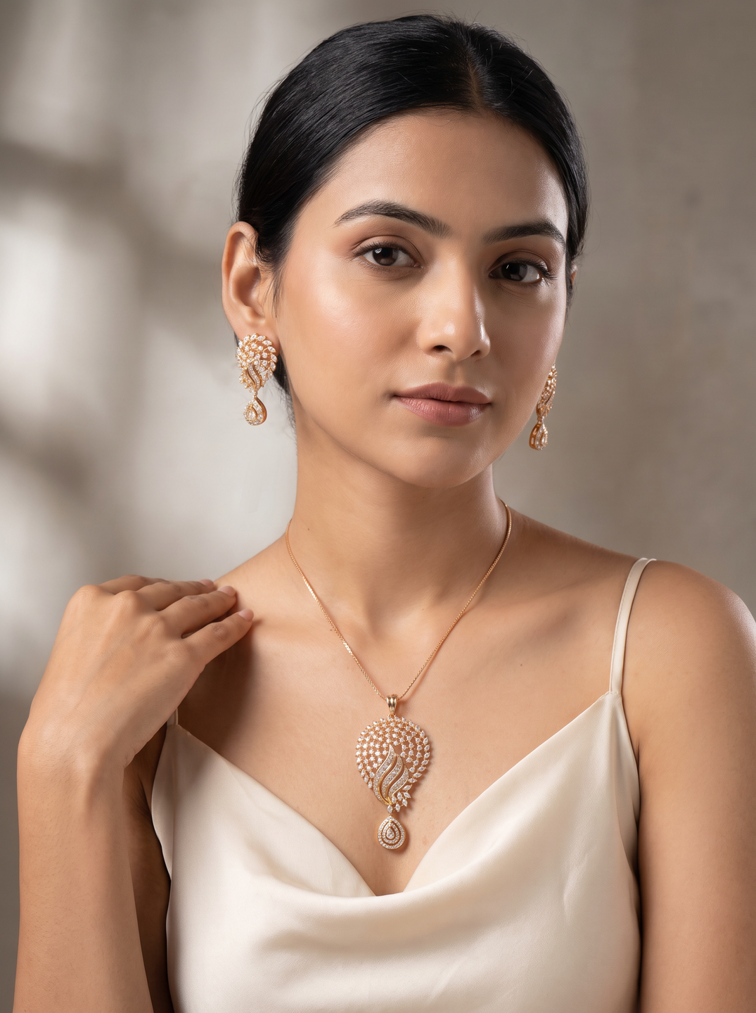 Rose Gold Plated White AD Peacock Feather Pendant Jewellery Set