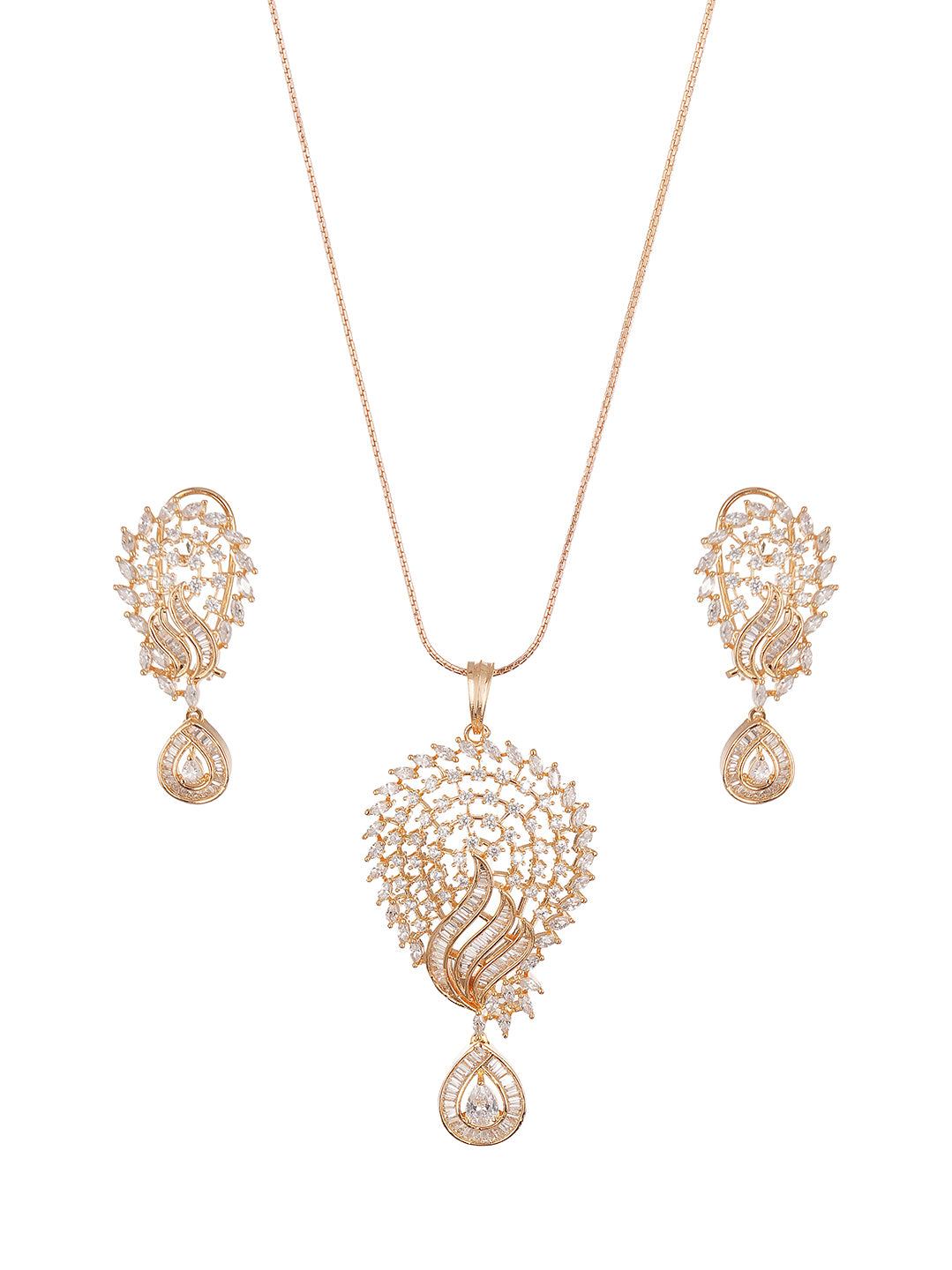 Rose Gold Plated White AD Peacock Feather Pendant Jewellery Set