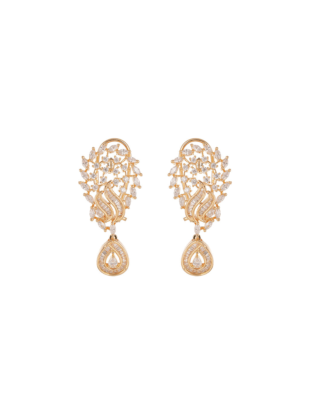 Rose Gold Plated White AD Peacock Feather Pendant Jewellery Set
