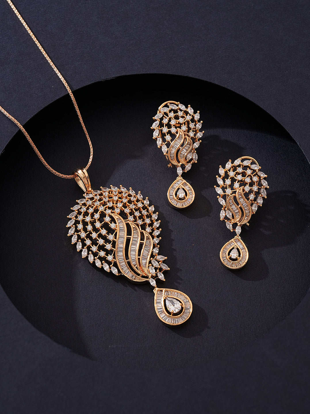 Rose Gold Plated White AD Peacock Feather Pendant Jewellery Set