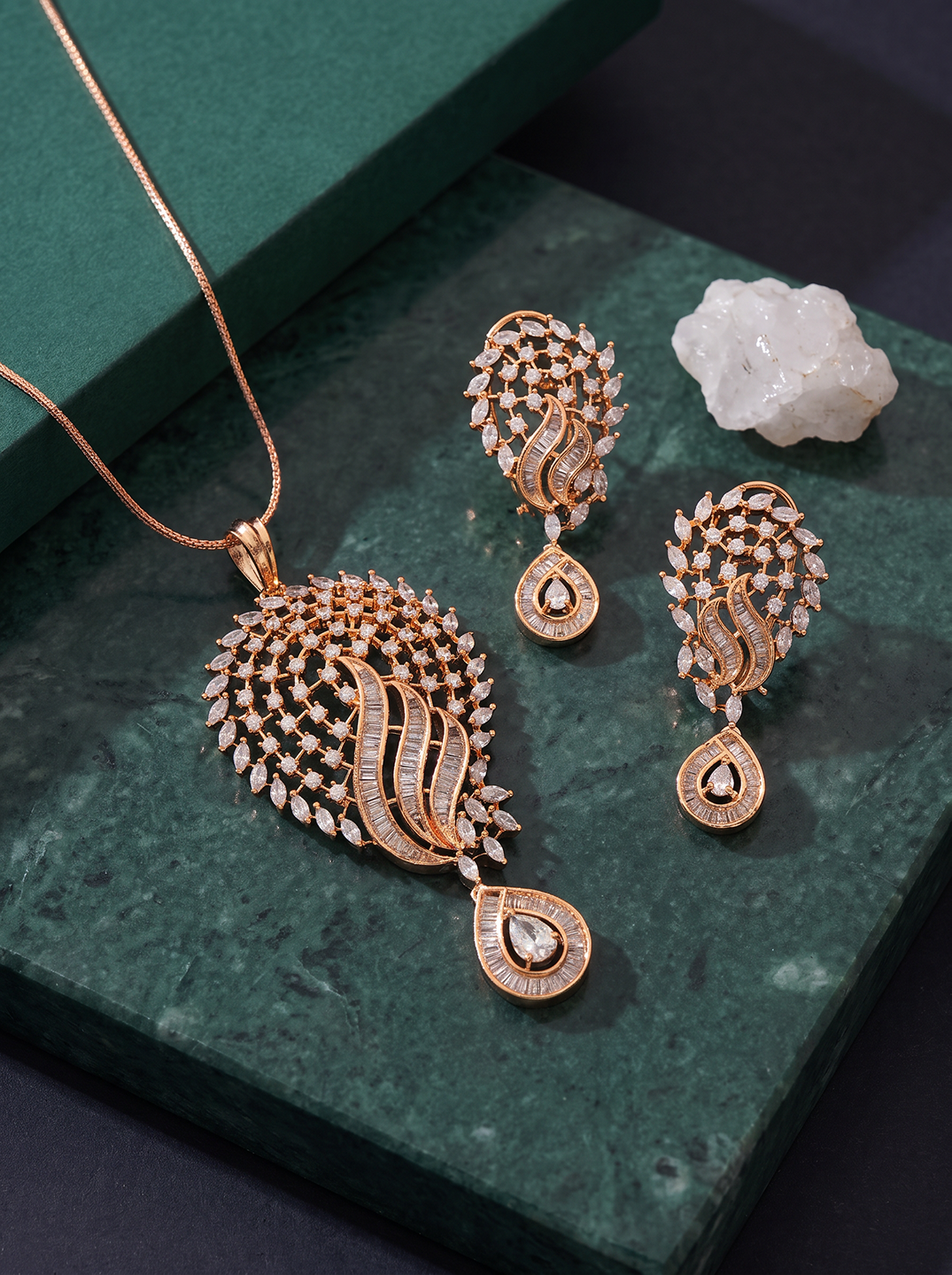 Rose Gold Plated White AD Peacock Feather Pendant Jewellery Set
