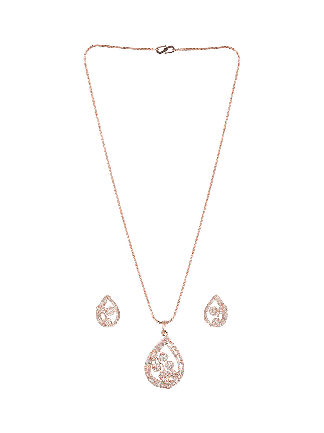 Rose Gold Plated White AD Floral Teardrop Pendant Jewellery Set