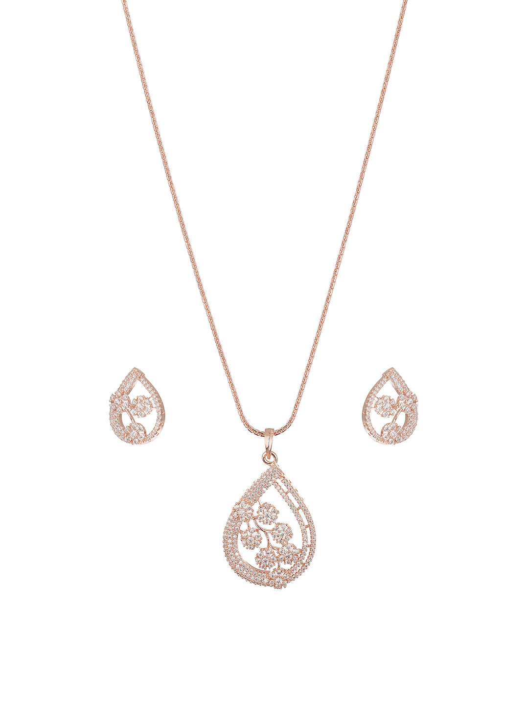 Rose Gold Plated White AD Floral Teardrop Pendant Jewellery Set