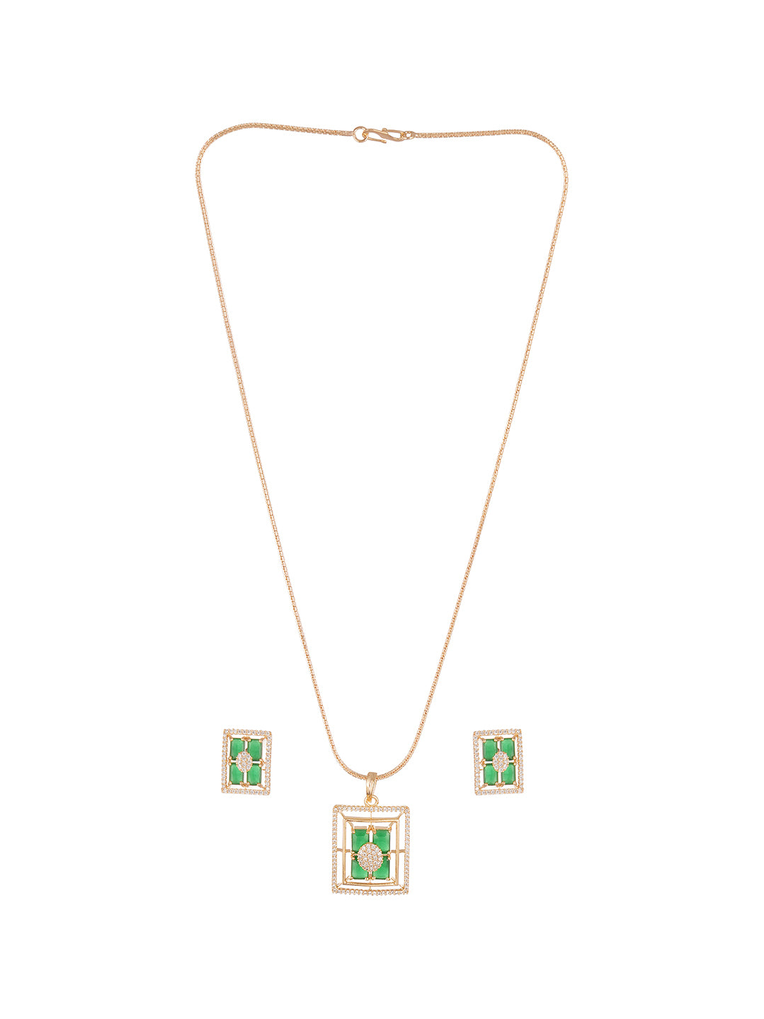 Rose Gold Plated Green Stone & AD Square Pendant Jewellery Set