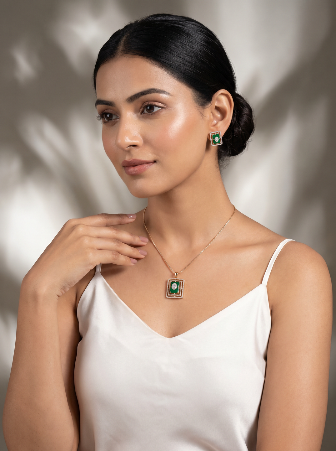 Rose Gold Plated Green Stone & AD Square Pendant Jewellery Set