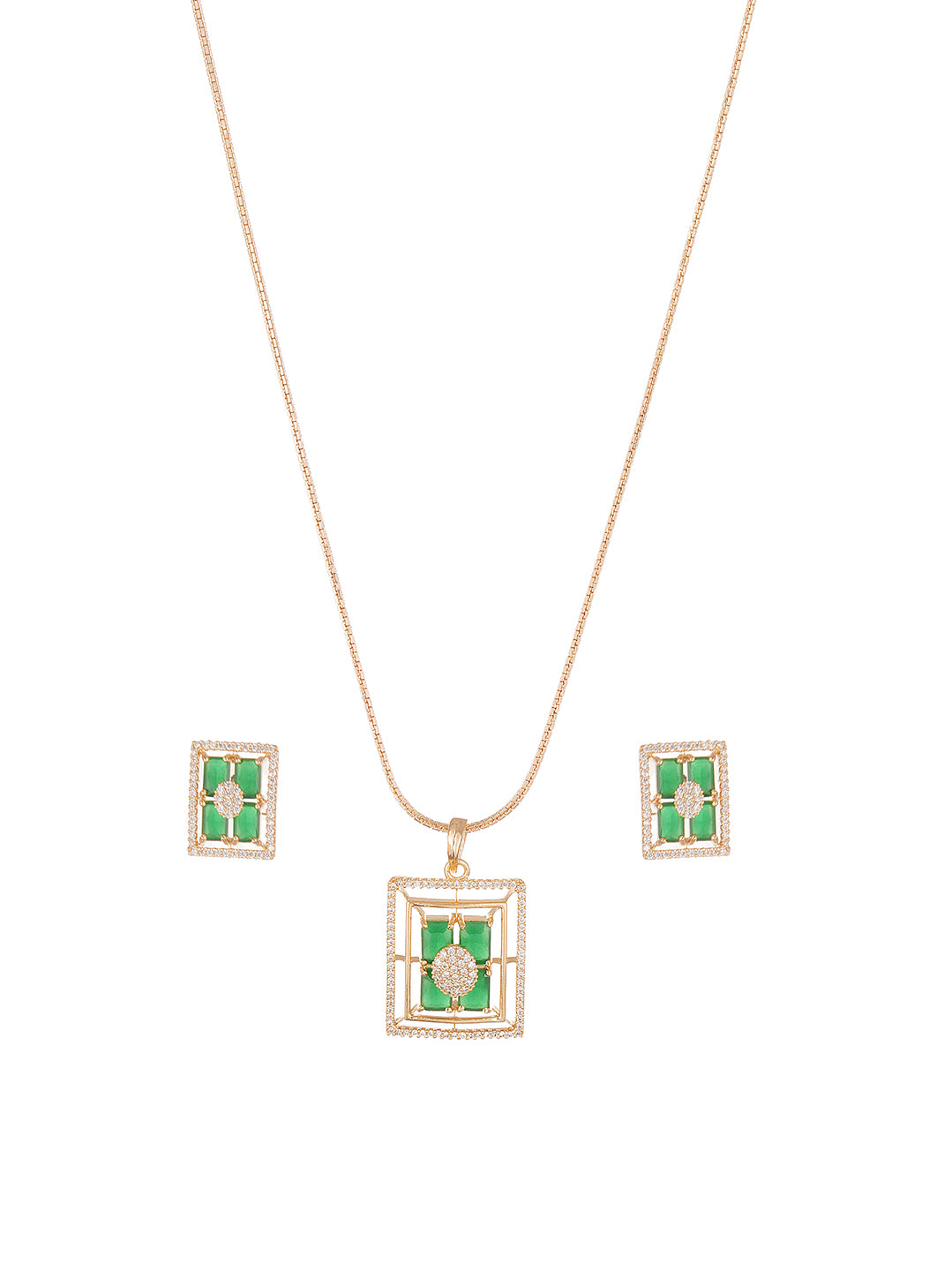 Rose Gold Plated Green Stone & AD Square Pendant Jewellery Set