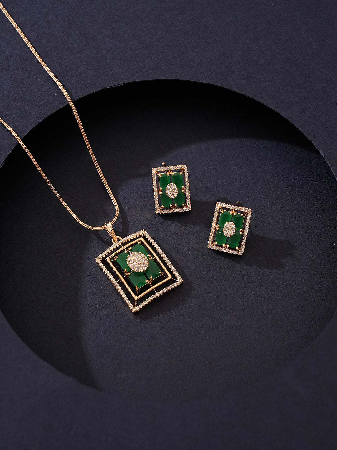 Rose Gold Plated Green Stone & AD Square Pendant Jewellery Set