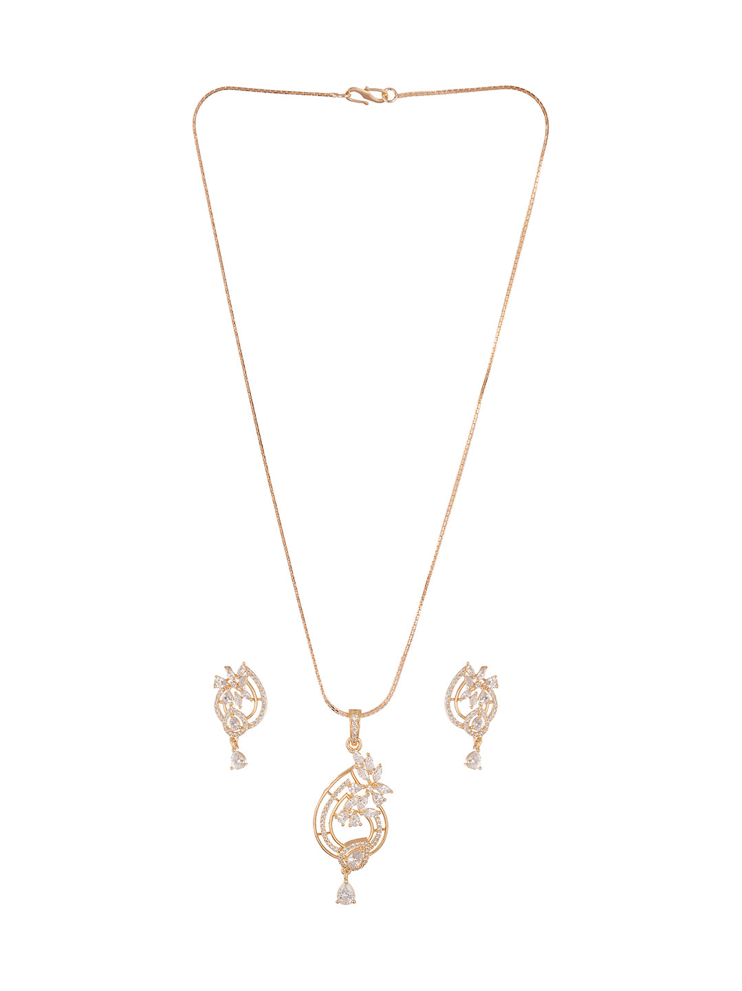 Rose Gold Plated White AD Paisley Drop Pendant Jewellery Set