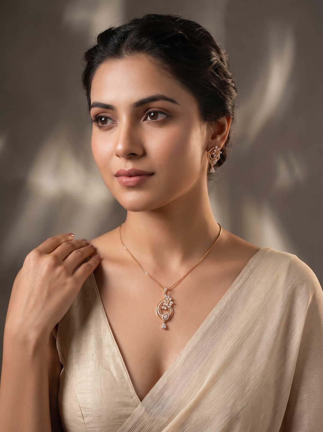 Rose Gold Plated White AD Paisley Drop Pendant Jewellery Set