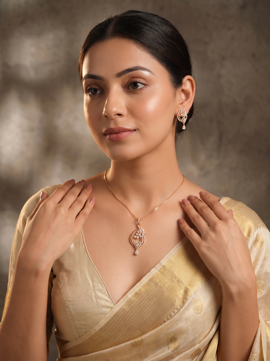 Rose Gold Plated White AD Paisley Drop Pendant Jewellery Set