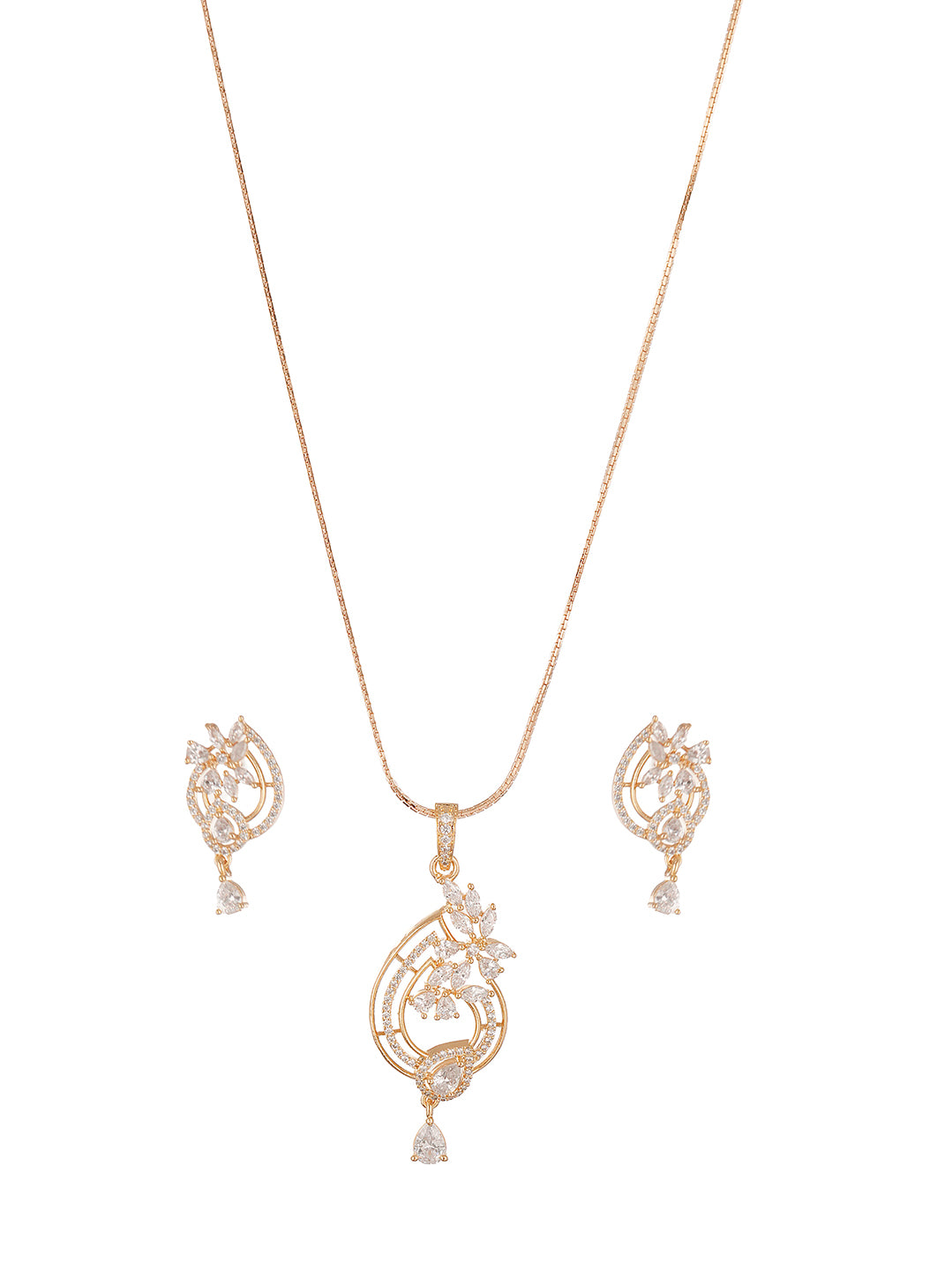Rose Gold Plated White AD Paisley Drop Pendant Jewellery Set
