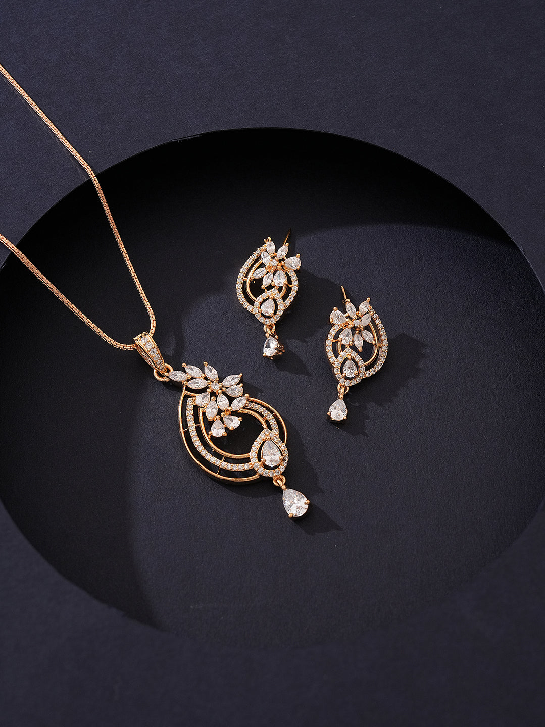 Rose Gold Plated White AD Paisley Drop Pendant Jewellery Set