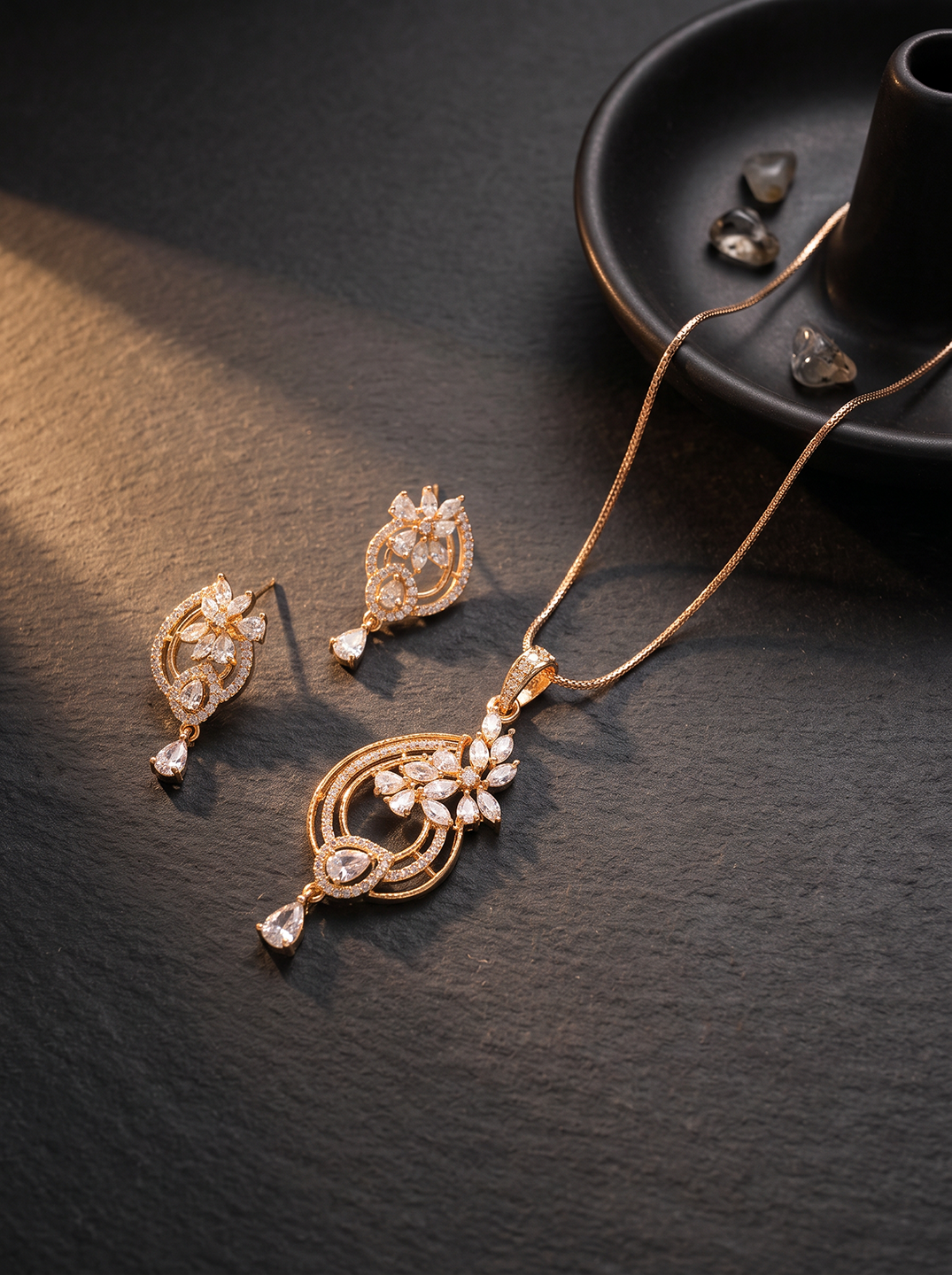Rose Gold Plated White AD Paisley Drop Pendant Jewellery Set