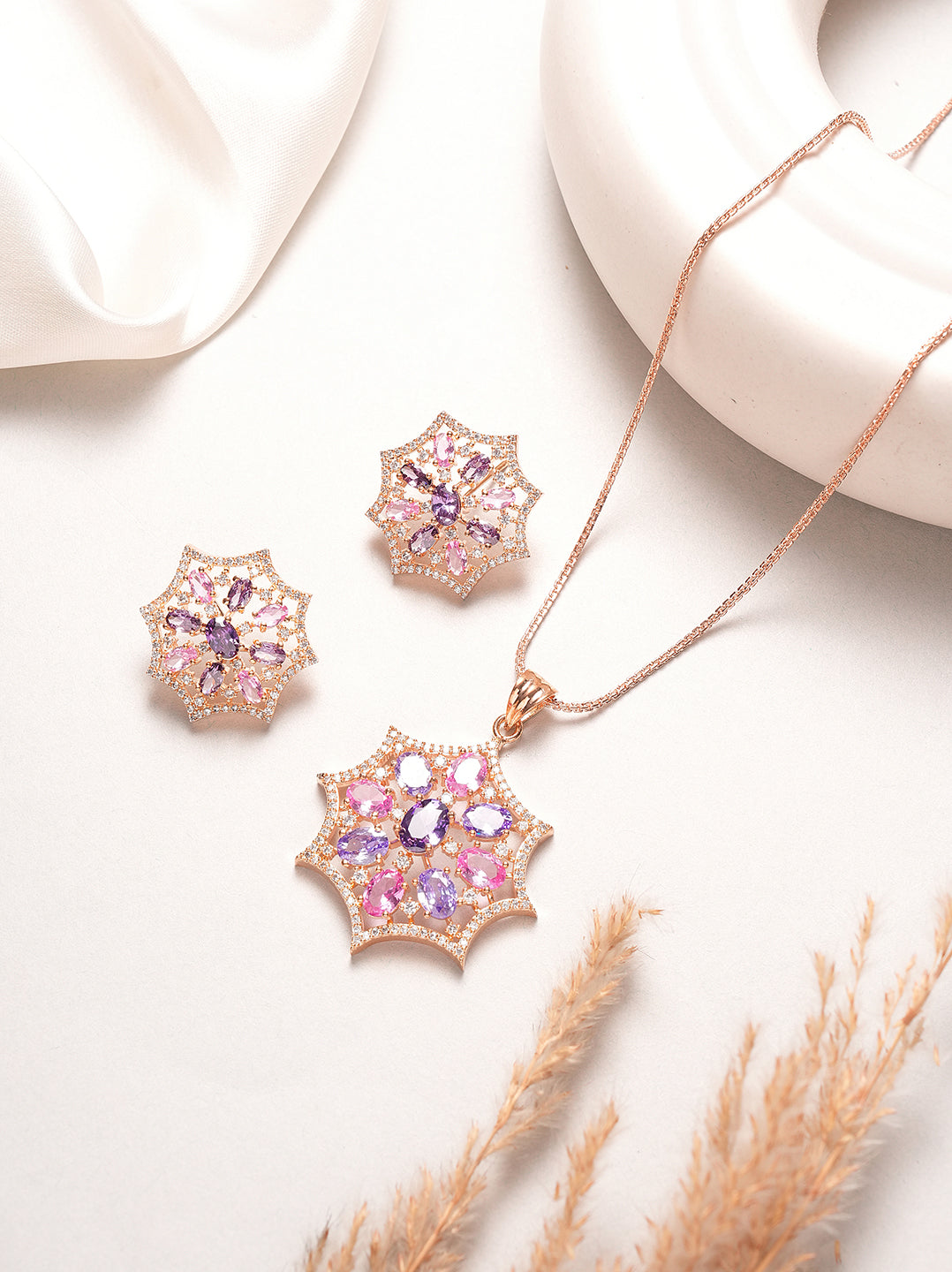 Rose gold plated pink purple AD star flower pendant set