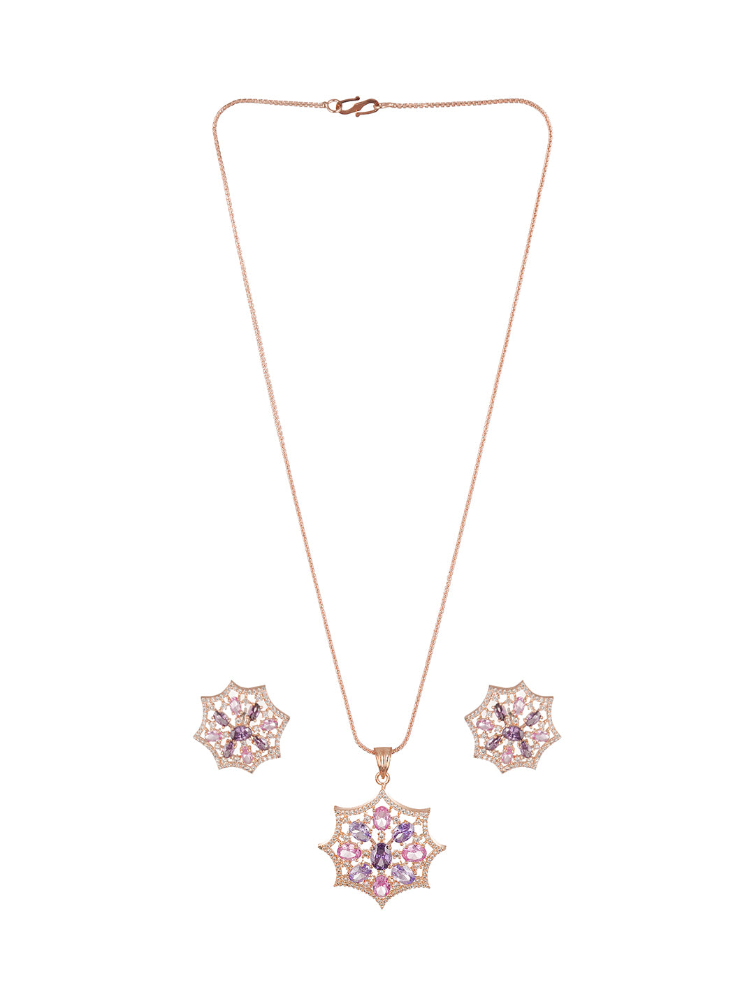 Rose Gold Plated Pink & Purple AD Star Flower Pendant Jewellery Set