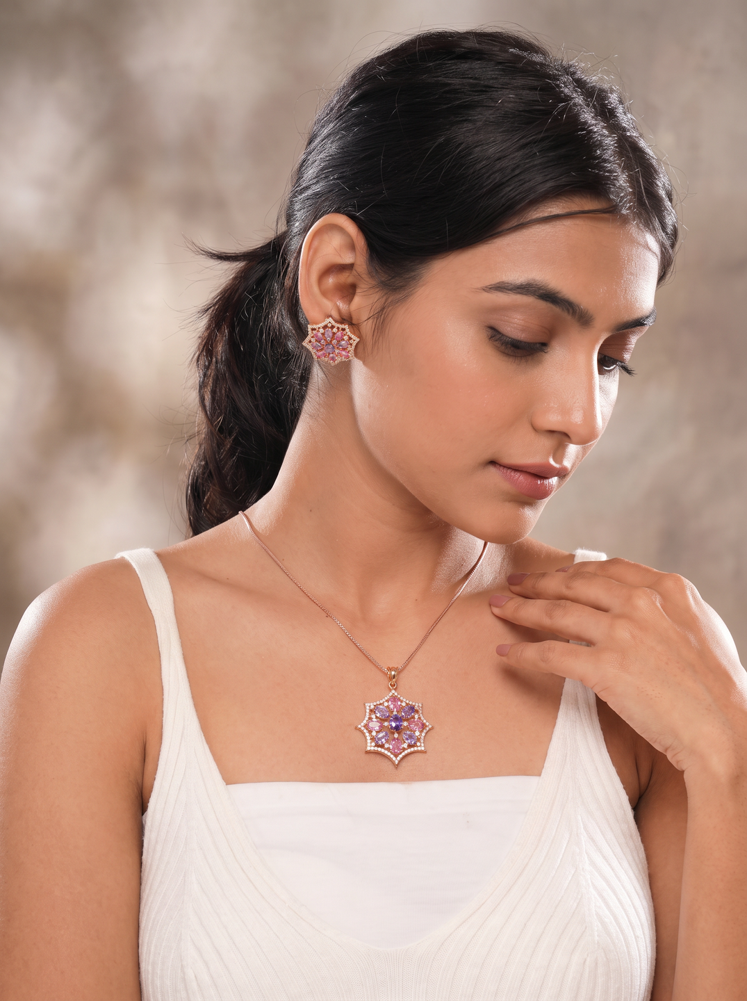 Rose Gold Plated Pink & Purple AD Star Flower Pendant Jewellery Set