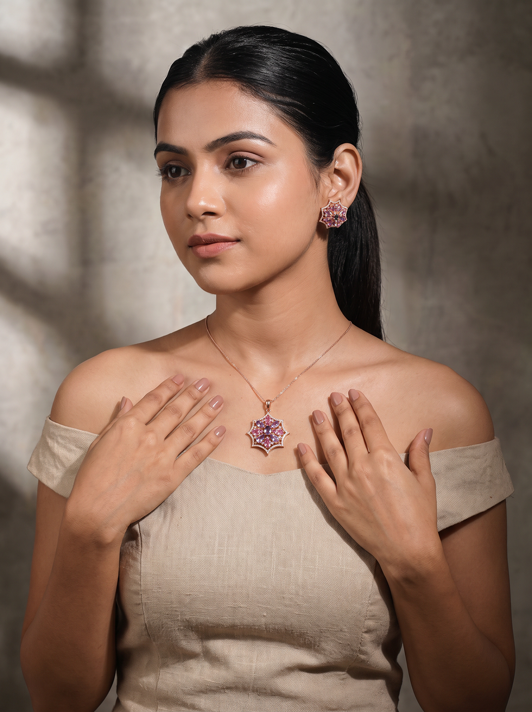 Rose Gold Plated Pink & Purple AD Star Flower Pendant Jewellery Set