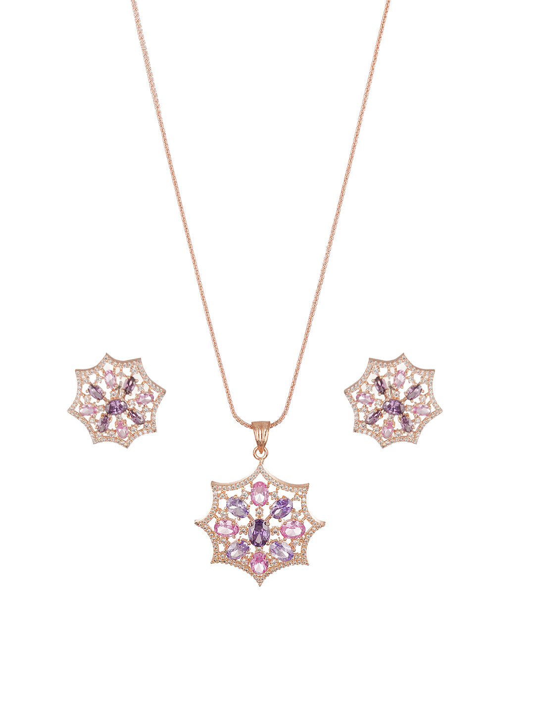 Rose Gold Plated Pink & Purple AD Star Flower Pendant Jewellery Set