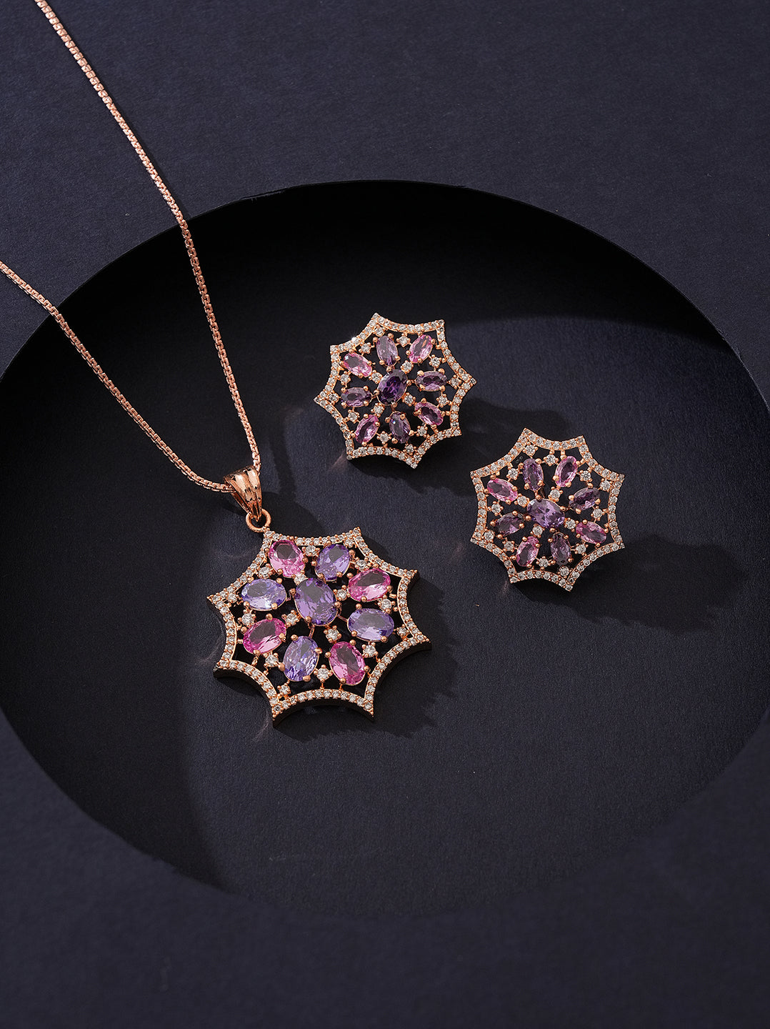 Rose Gold Plated Pink & Purple AD Star Flower Pendant Jewellery Set