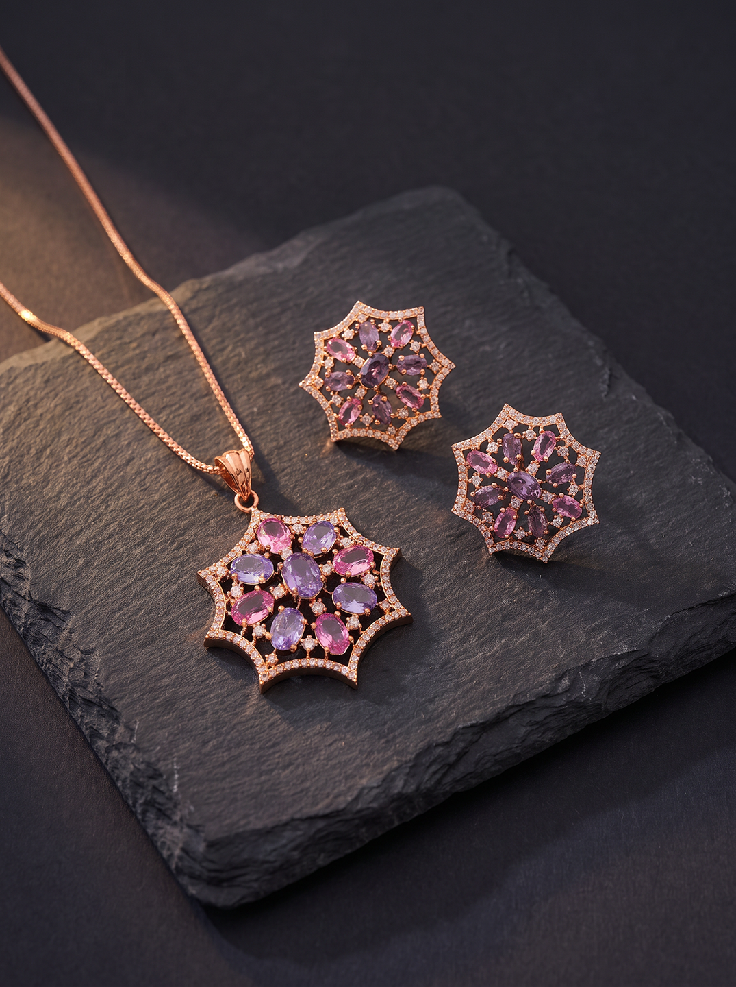 Rose Gold Plated Pink & Purple AD Star Flower Pendant Jewellery Set