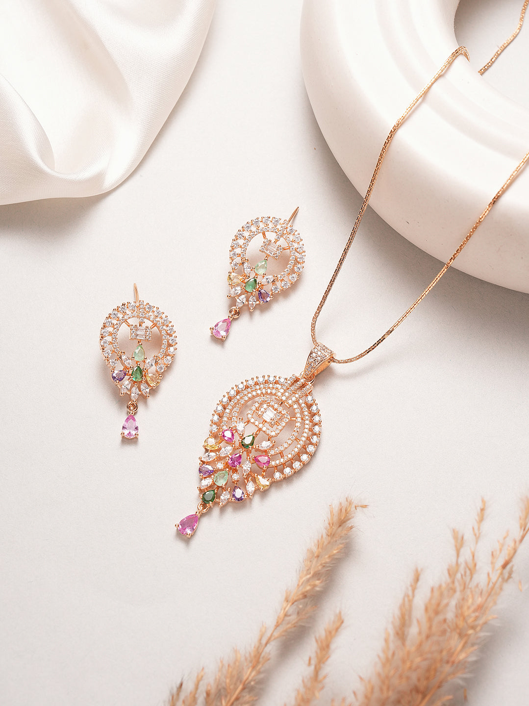 Rose gold plated multicolour AD teardrop pendant set with pink drop