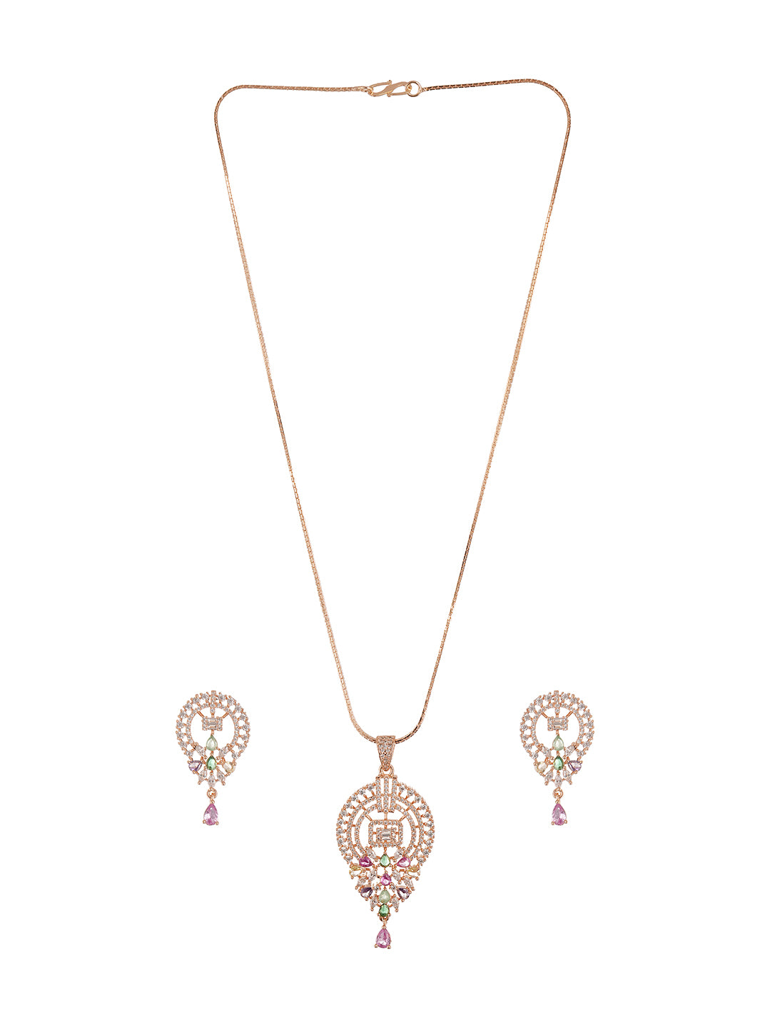 Rose Gold Plated Multicolour AD Teardrop Pendant Jewellery Set with Pink Drop
