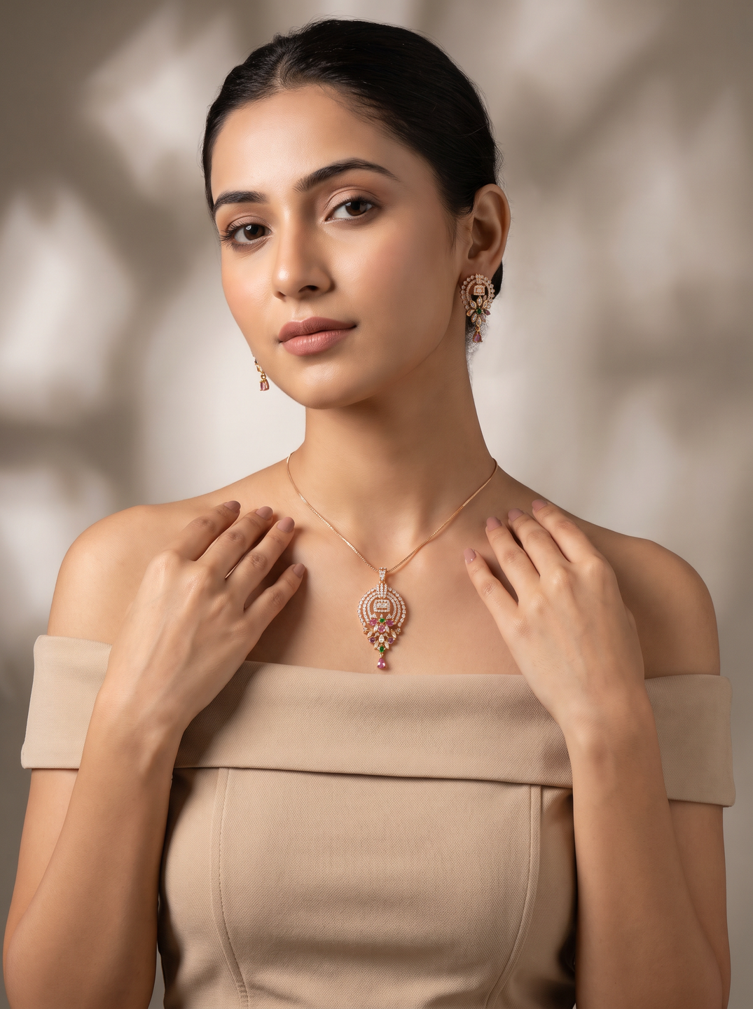 Rose Gold Plated Multicolour AD Teardrop Pendant Jewellery Set with Pink Drop
