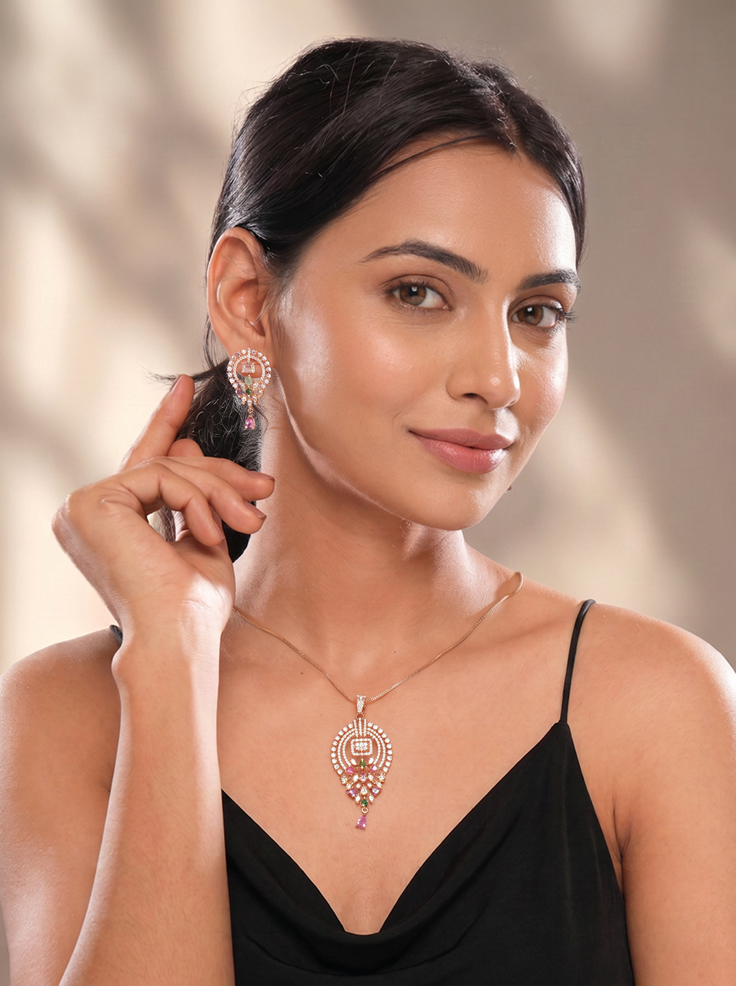 Rose Gold Plated Multicolour AD Teardrop Pendant Jewellery Set with Pink Drop
