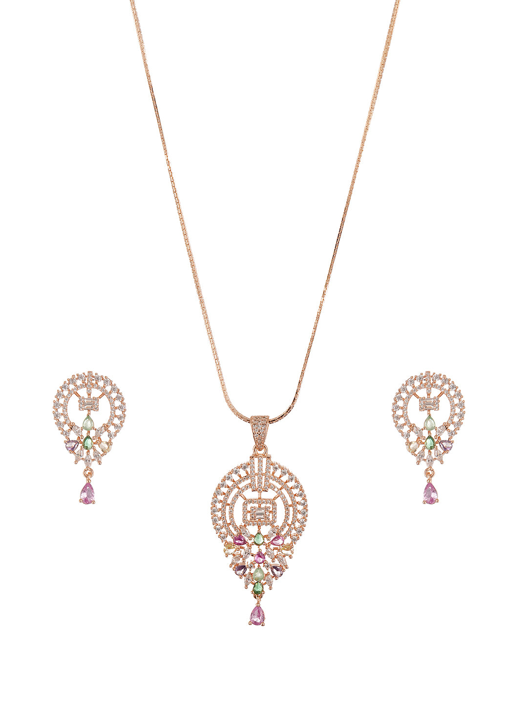 Rose Gold Plated Multicolour AD Teardrop Pendant Jewellery Set with Pink Drop