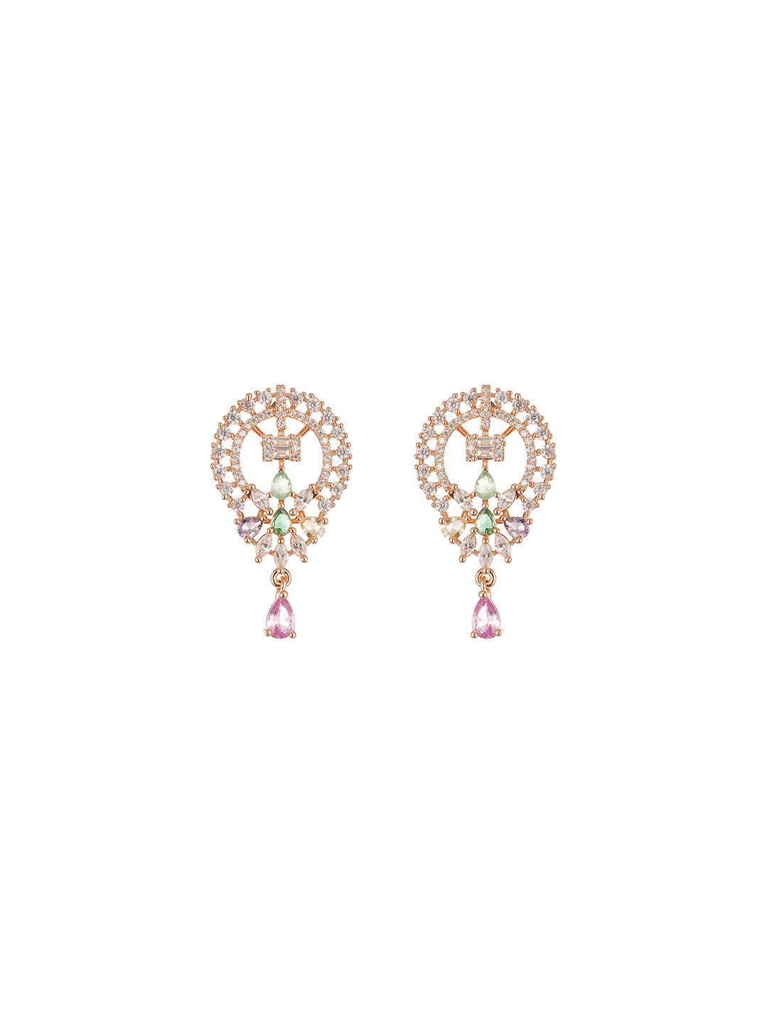 Rose Gold Plated Multicolour AD Teardrop Pendant Jewellery Set with Pink Drop