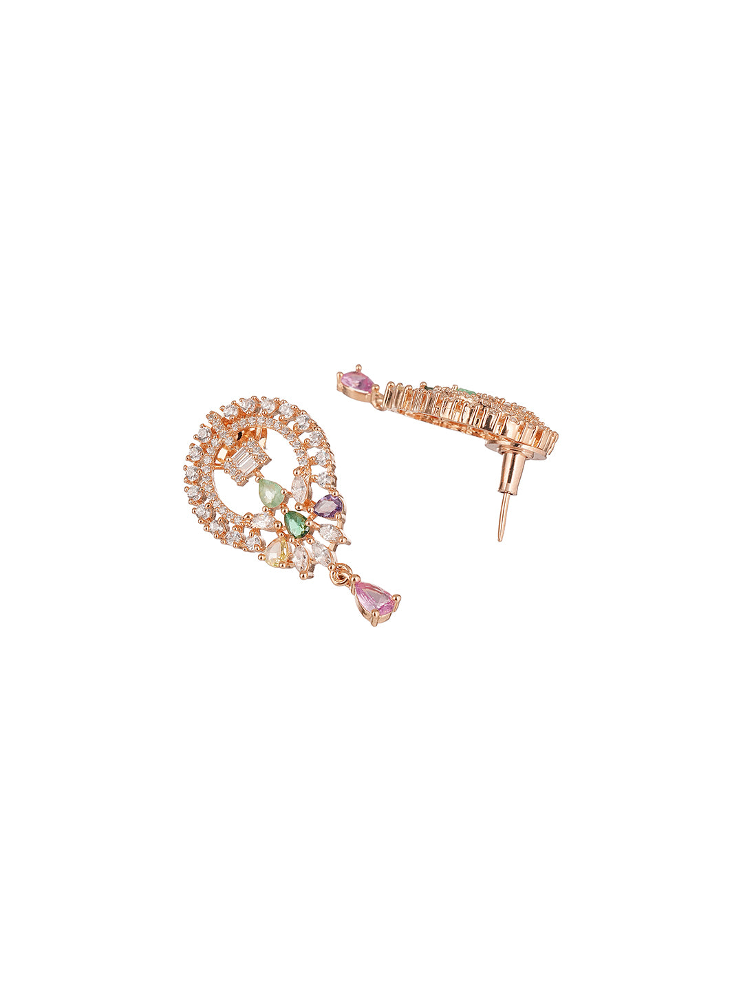 Rose Gold Plated Multicolour AD Teardrop Pendant Jewellery Set with Pink Drop