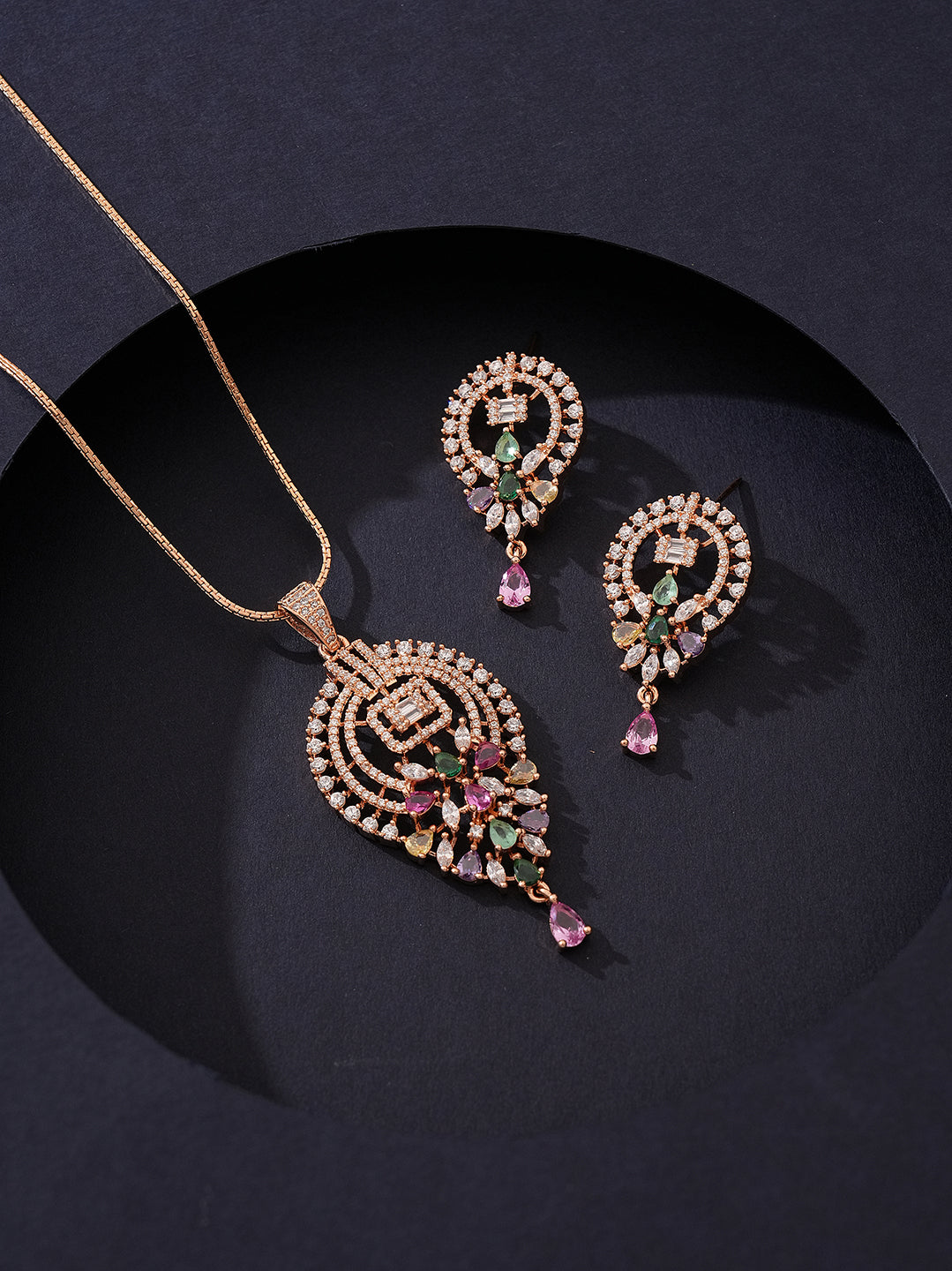 Rose Gold Plated Multicolour AD Teardrop Pendant Jewellery Set with Pink Drop