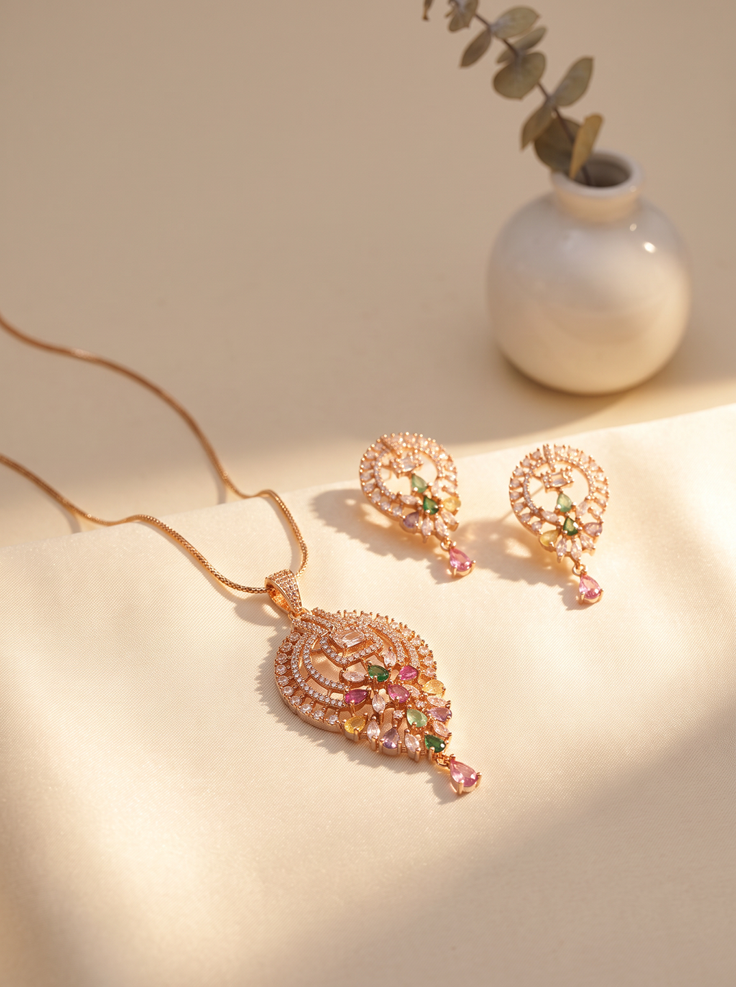 Rose Gold Plated Multicolour AD Teardrop Pendant Jewellery Set with Pink Drop