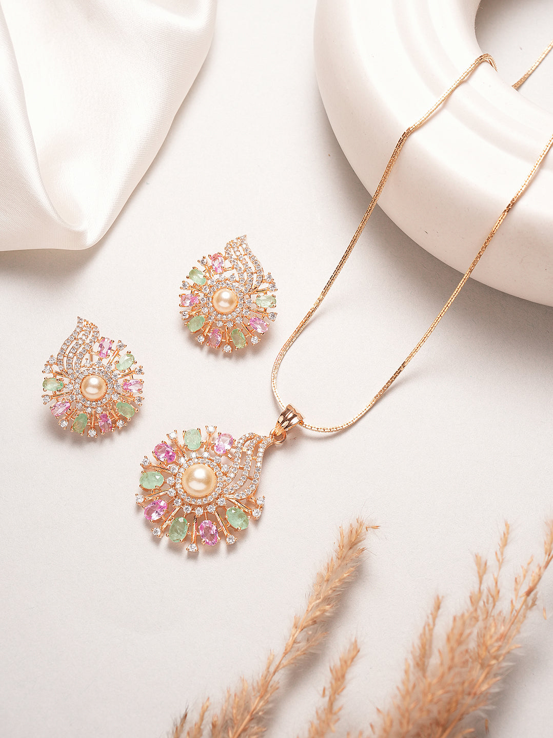 Rose gold plated multicolour AD pearl centre floral pendant set
