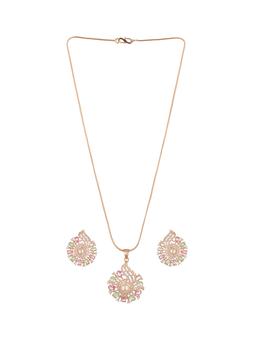 Rose Gold Plated Multicolour AD Pearl Centre Floral Pendant Jewellery Set