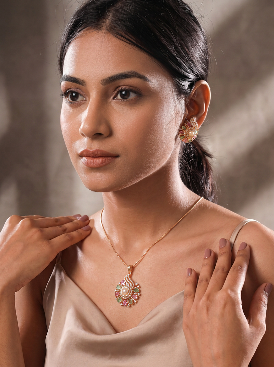 Rose Gold Plated Multicolour AD Pearl Centre Floral Pendant Jewellery Set