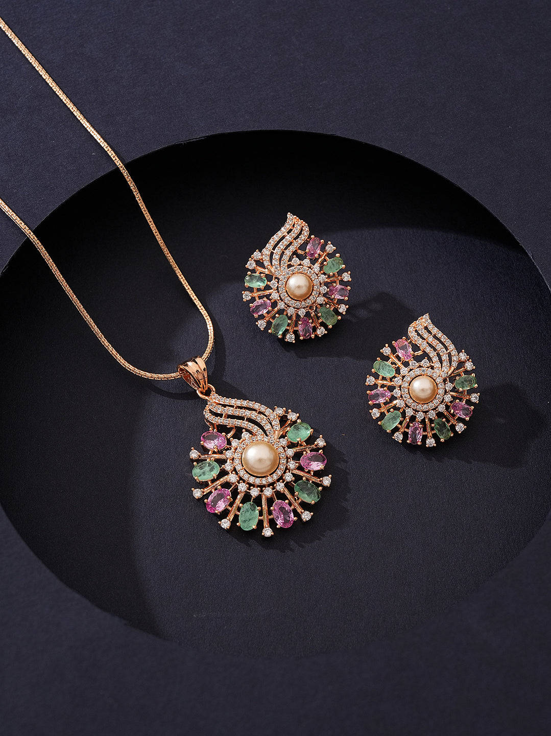 Rose Gold Plated Multicolour AD Pearl Centre Floral Pendant Jewellery Set